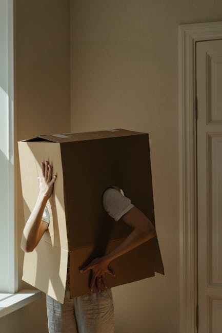 A person with a cardboard box placed over their head and arms visible, holding onto the bottom edges of the box with their hands, inside a room with cream-colored walls and a white door frame. The box
