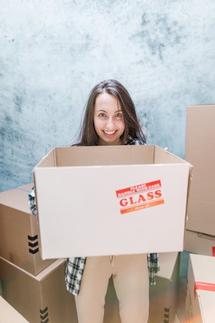 A person with a cardboard box placed over their head and arms visible, holding onto the bottom edges of the box with their hands, inside a room with cream-colored walls and a white door frame. The box